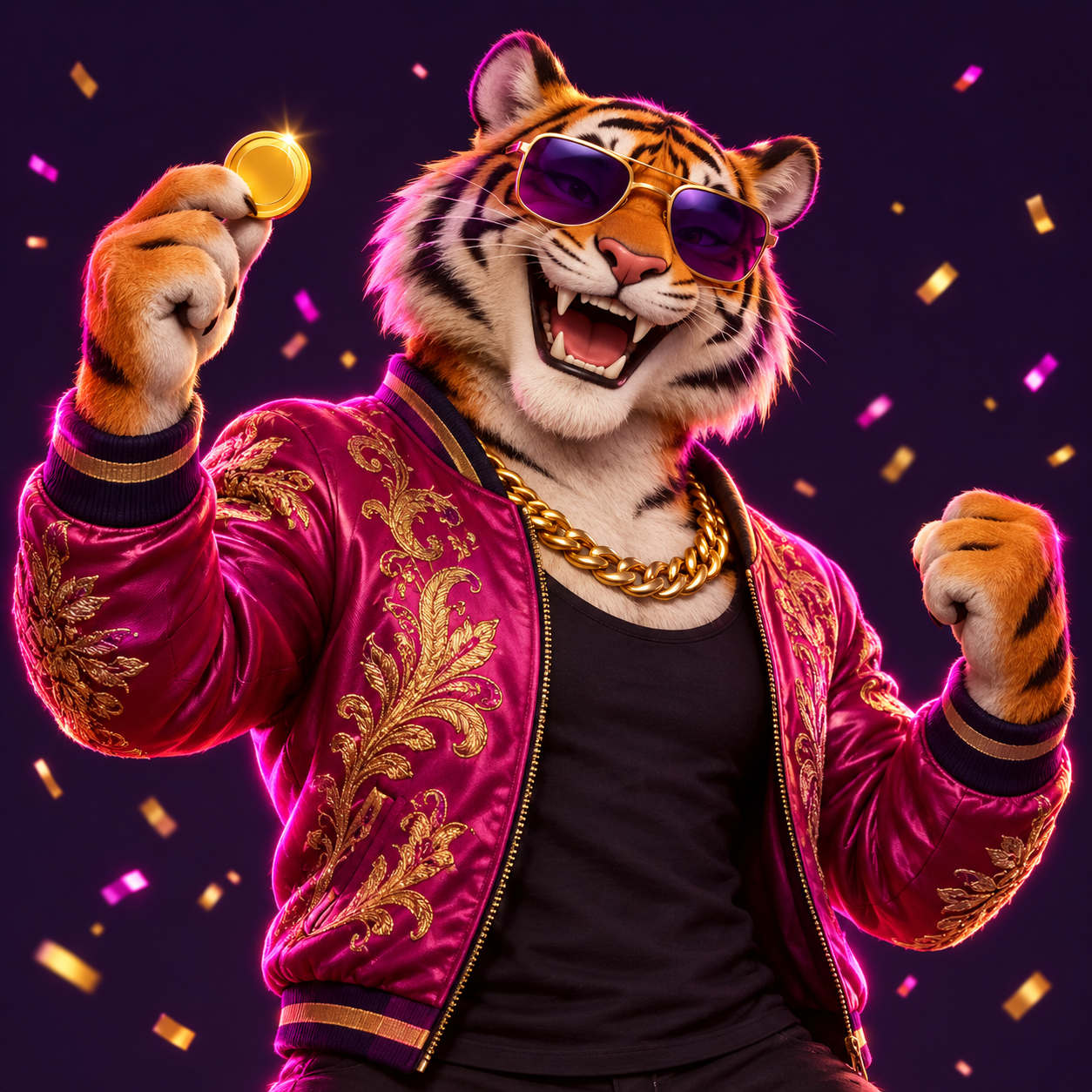 Sheru, a smiling tiger in a magenta embroidered jacket, gold sunglasses and chain, holding a golden disc